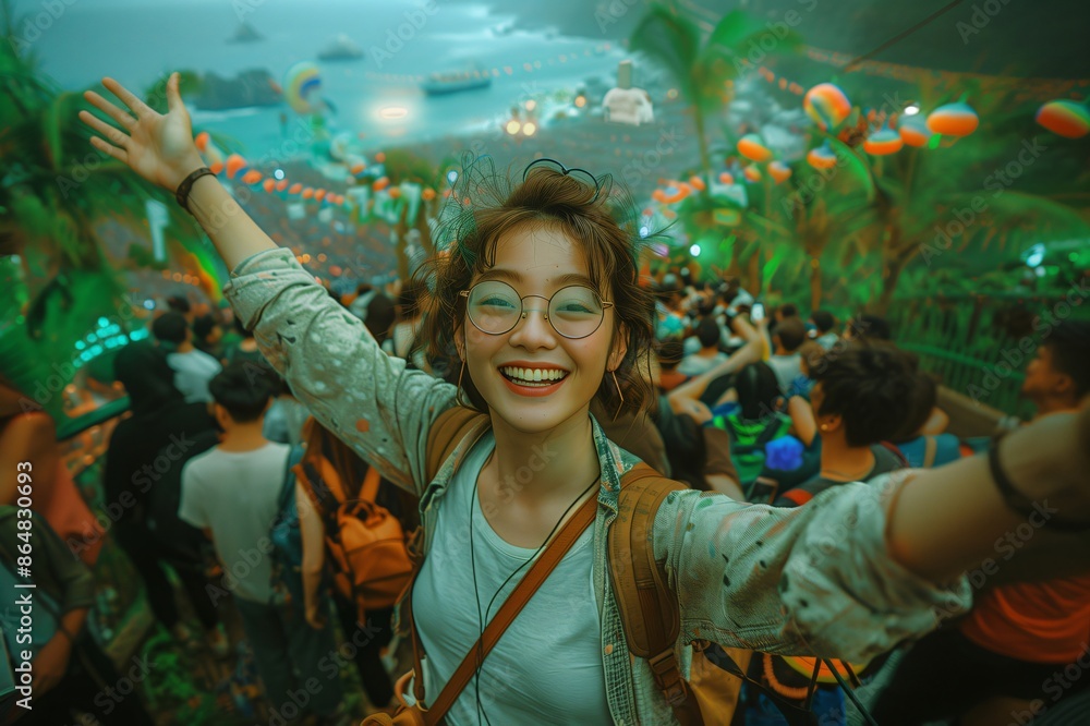 Obraz premium Young woman taking selfie at music festival with open arms