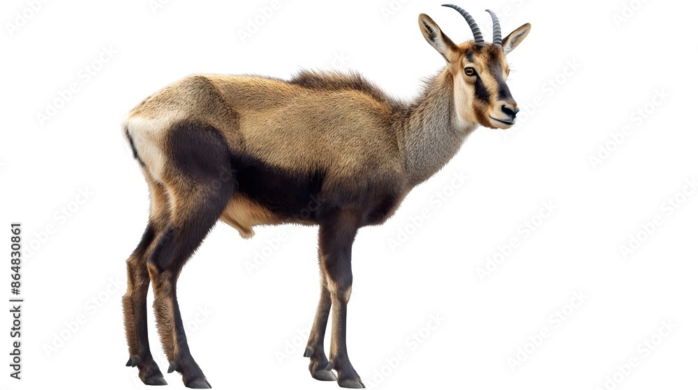 1. Generate a transparent-background image of a chamois in full body, showcasing its nimble stature, distinctive curved horns, and sleek coat, without any text or logos present, against a clean white 1. Generate a transparent-background image of a chamois in full body, showcasing its nimble stature, distinctive curved horns, and sleek coat, without any text or logos present, against a clean white