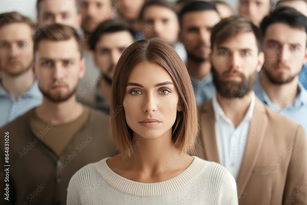 A woman standing prominently at the front, looking directly at the camera, flanked by a group of serious-looking men, creating a contrast of expressions and focus. A woman standing prominently at the front, looking directly at the camera, flanked by a group of serious-looking men, creating a contrast of expressions and focus.