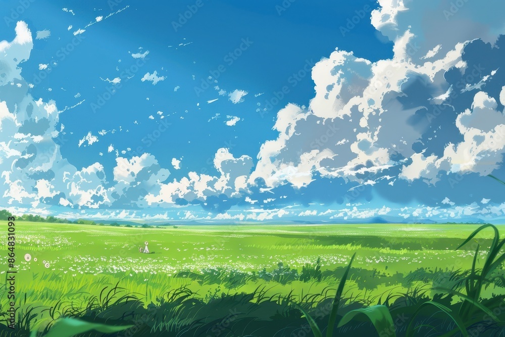 Fototapeta premium Sunny day with white fluffy clouds in blue sky over green field. Peaceful summer landscape. Nature background for desktop or mobile device.