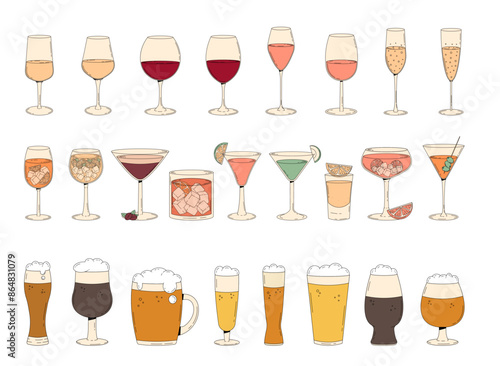A big collection of alcoholic drinks in the retro groovy style. Summer cocktails, wine, champagne, beer in the glasses. Vintage vector illustration 70s, 80s