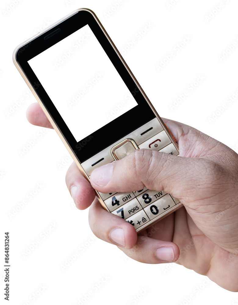 Hand holding golden mobile phone with white display Hand holding golden mobile phone with white display