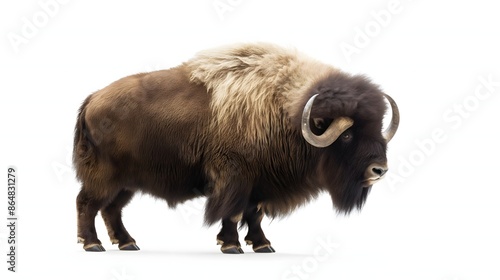 2. Create an isolated, white-background image of a muskox featuring its entire body, including its robust frame and impressive horns, devoid of any text or logos, to highlight its Arctic habitat. photo