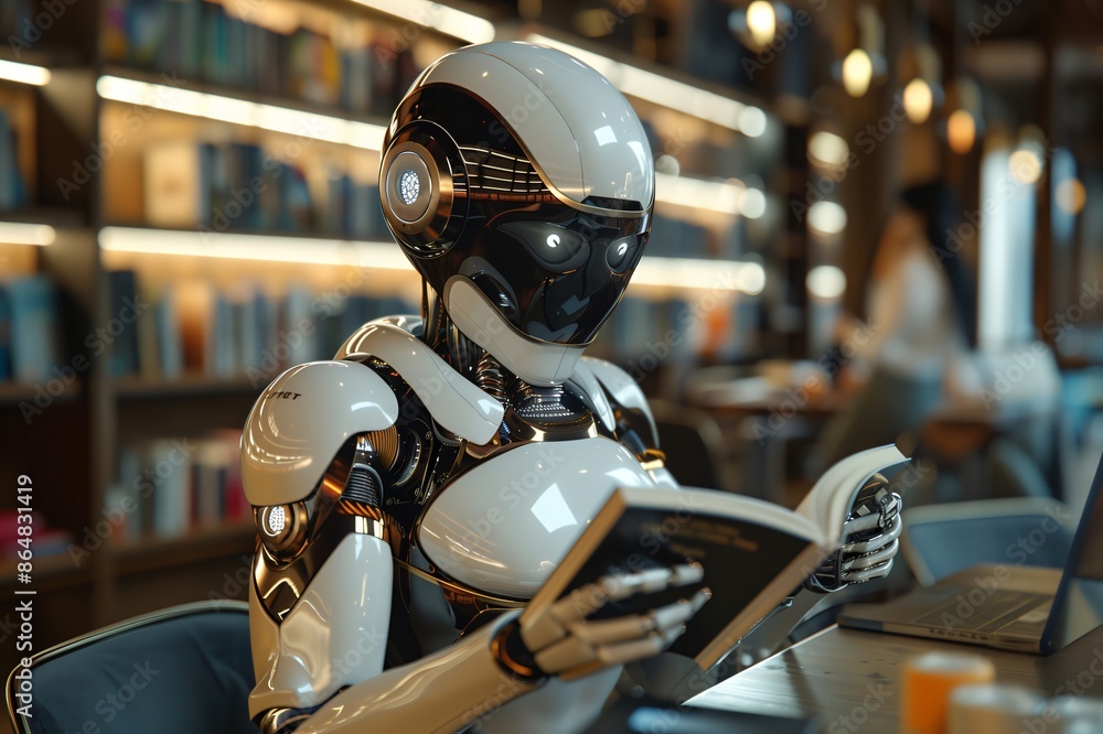 Modern robot sitting and reading book in library Modern robot sitting and reading book in library