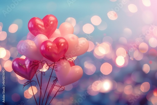 Pink and red heart balloons against a sparkling background of city lights. Ideal for a romantic evening setting. Generative AI