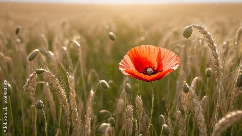 Naklejka premium Lone Red Poppy in Wheat Field