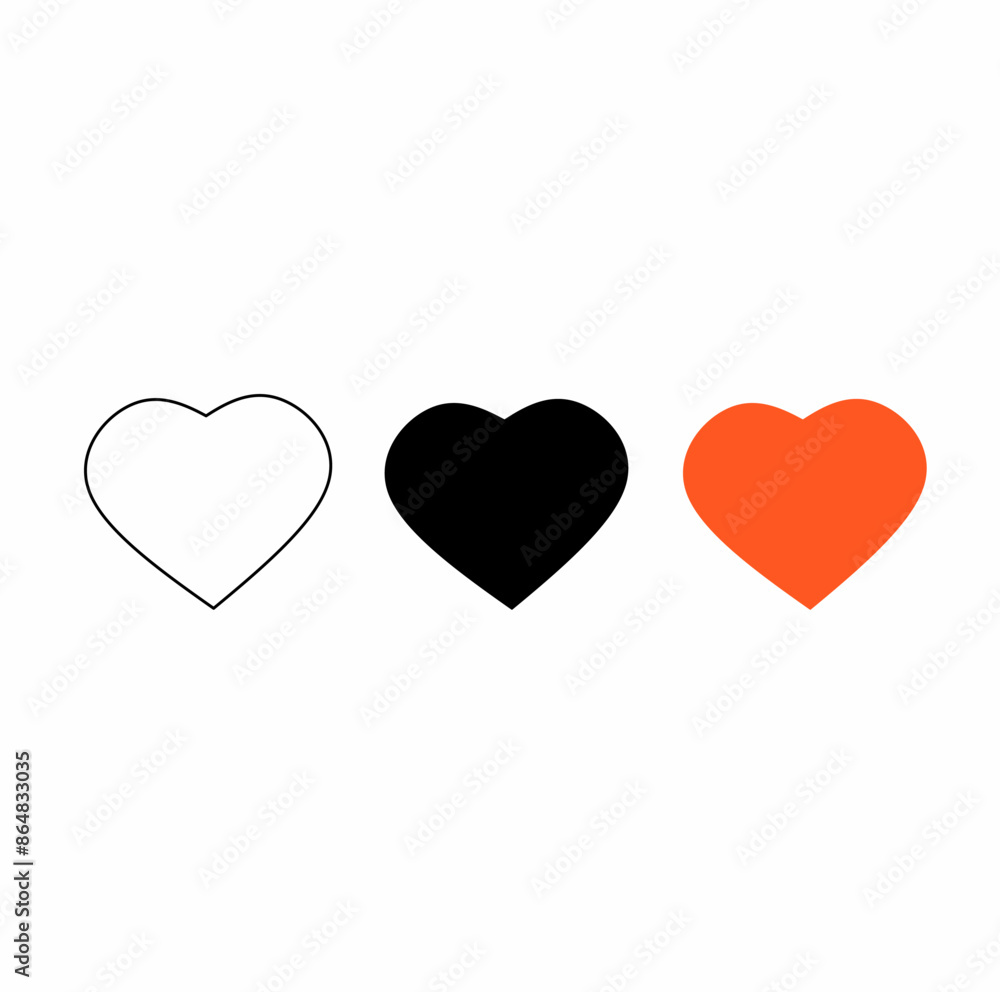 three love heart icons, color variations black, white and red. logo icon, silhouette symbol of falling in love, a beautiful intact heart. white background three love heart icons, color variations black, white and red. logo icon, silhouette symbol of falling in love, a beautiful intact heart. white background