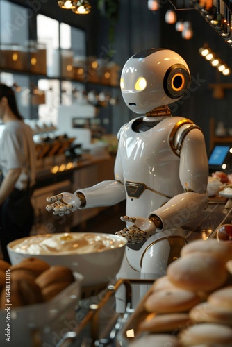 Humanoid robot working as a waiter serving food in a cafe