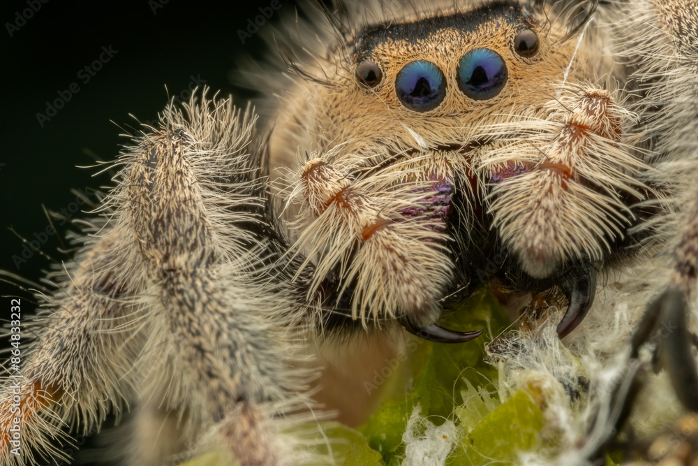 Nature wildlife macro image of Phidippus regius jumping spider action on green leaf. Shows eye details. Nature wildlife macro image of Phidippus regius jumping spider action on green leaf. Shows eye details.