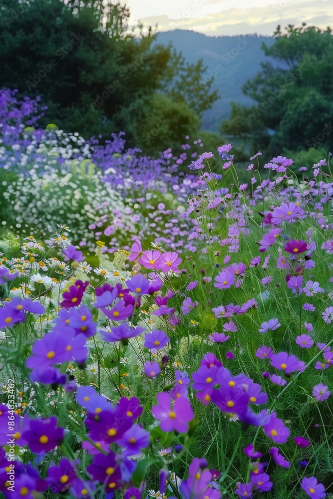 A vivid meadow bursting with purple flowers, interwoven with white blossoms, amidst lush greenery, evoking feelings of joy, peace, and the lively essence of a summer garden. A vivid meadow bursting with purple flowers, interwoven with white blossoms, amidst lush greenery, evoking feelings of joy, peace, and the lively essence of a summer garden.