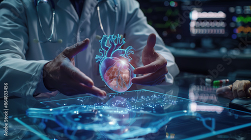 Doctor Examining Patient's Vitals on Holographic Display from Bio-Connectivity Chip Close-Up photo