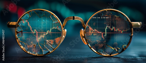 Golden eyeglasses with cracked lenses reflecting a plummeting stock chart, symbolizing the failure to foresee financial disaster photo