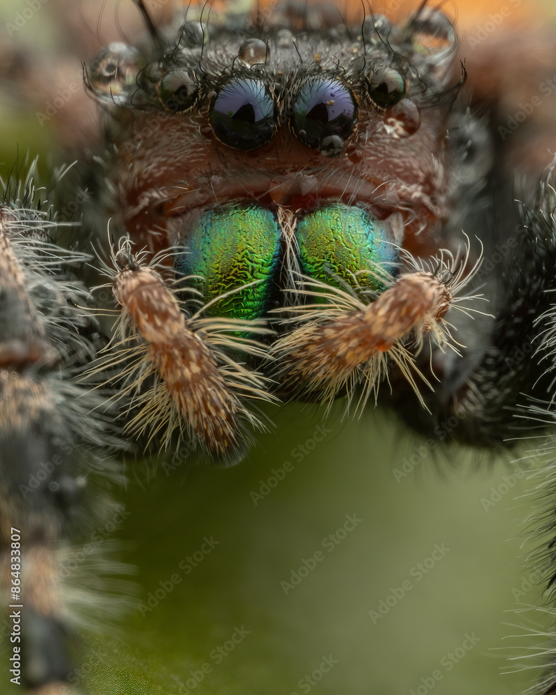Obraz premium Nature wildlife macro image of Phidippus regius jumping spider action on green leaf. Shows eye details.