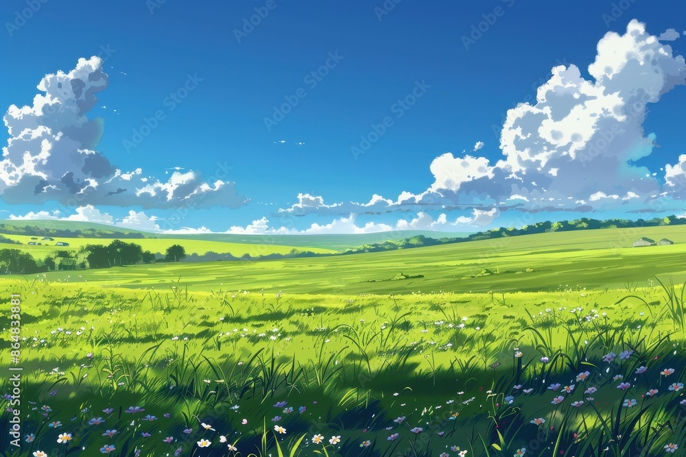 Fototapeta premium Peaceful green field with wildflowers under a blue sky with fluffy clouds. Peaceful nature scene perfect for calm and serene background.