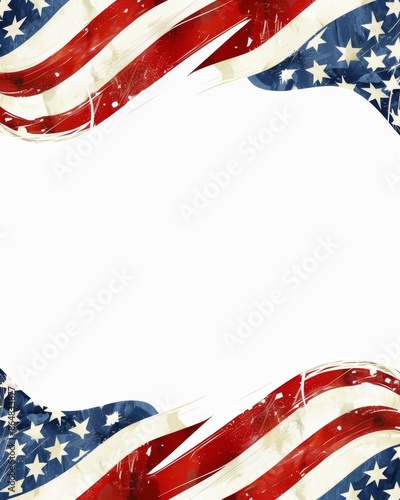 An abstract art design featuring the American flag with red, white, and blue colors forming a dynamic, textured border around a blank central space suitable for text or images.