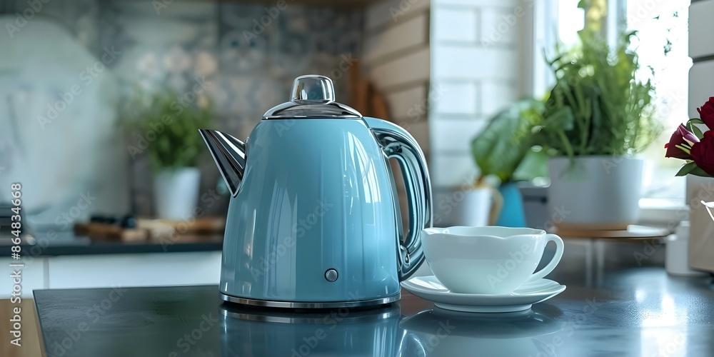 Modern kitchen with electric blue kettle tea set for quick hot drinks. Concept Kitchen Appliances, Electric Kettle, Tea Set, Modern Design, Quick Hot Drinks