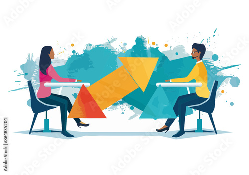 Business Team Direction Discussion for Success, Conceptual Vector Art with People and Arrow, Collaboration and Planning for Future Goals, Daytime Setting, Professional Mood