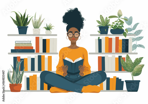 Young Woman Reading Book in Minimalistic Library with Indoor Plants, Peaceful Study Atmosphere, Vector Illustration