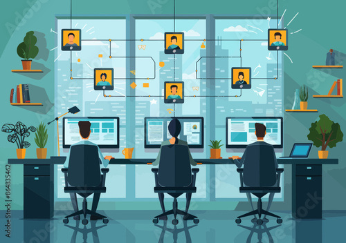 Team Teleconferencing in Modern Office Workspace - Network Communication and Collaboration Concept - Minimalistic Business Vector Illustration