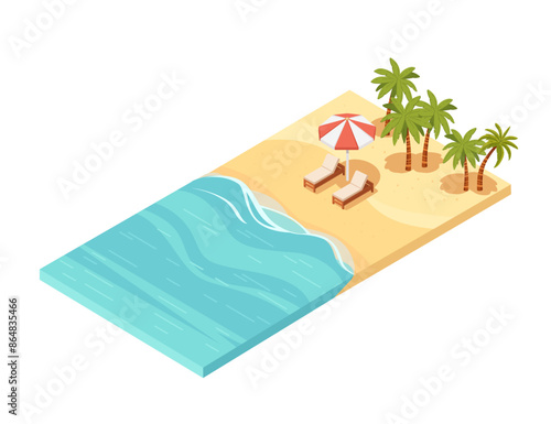 Isometric view of a tropical sand beach with sunbeds under an umbrella, palm trees, vector illustration isolated on a white background