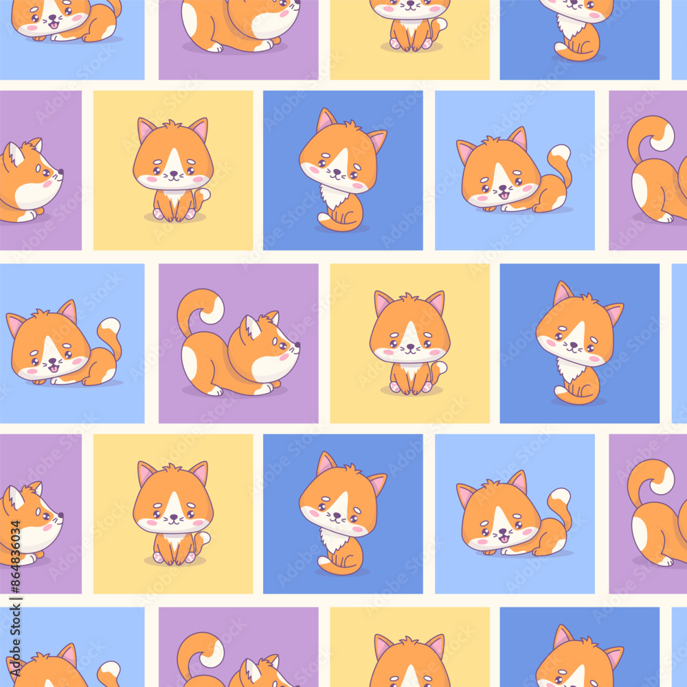 Seamless pattern with cute red cats on colorful background. Funny cartoon kawaii animal. Vector illustration. Kids collection Seamless pattern with cute red cats on colorful background. Funny cartoon kawaii animal. Vector illustration. Kids collection