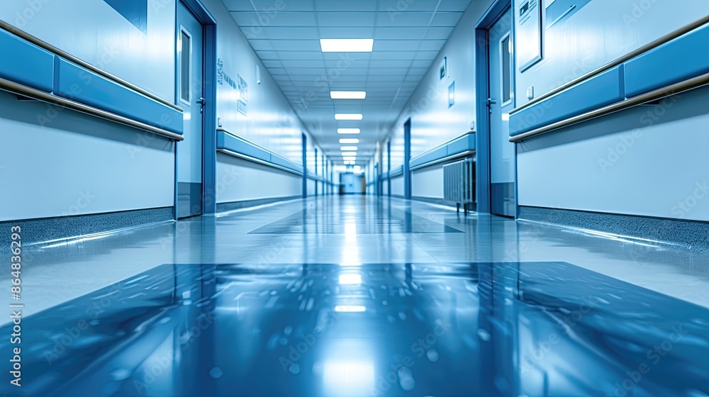 Fototapeta premium A long hallway with a blue wall and blue floor