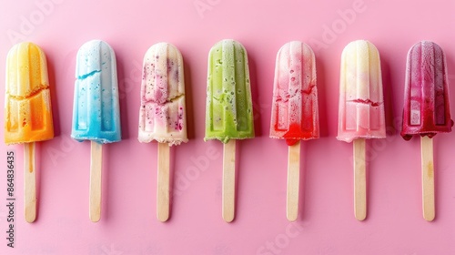 A row of colorful ice cream sticks with sprinkles on top