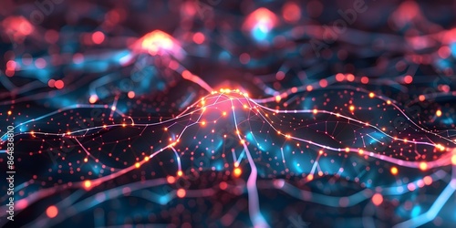 Illustration of artificial intelligence neural activity with glowing neural connections on dark background. Concept Artificial Intelligence, Neural Activity, Glowing Connections, Dark Background