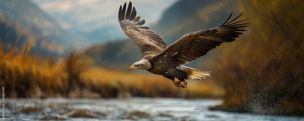 Obraz premium The image captures an eagle hovering over the water in a scenic river valley. The picturesque setting with mountains in the background enhances the overall natural and wild ambiance.