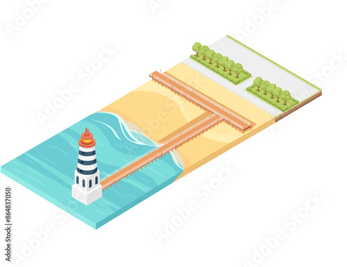 Isometric view of entrance to the beach from the side of the park, sand beach with lighthouse vector illustration isolated on a white background
