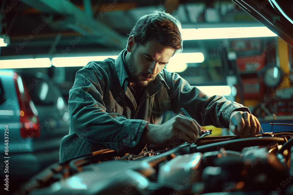 Focused mechanic repairing car engine in a busy workshop. Ideal for illustrating automotive repair services, professional technicians at work, or skilled labor in the automotive industry Focused mechanic repairing car engine in a busy workshop. Ideal for illustrating automotive repair services, professional technicians at work, or skilled labor in the automotive industry
