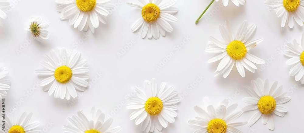 Chamomile and Petal Spring or Summer Background with Copy Space, White Flower with Yellow Center, Top View, Flat Lay. Chamomile and Petal Spring or Summer Background with Copy Space, White Flower with Yellow Center, Top View, Flat Lay.