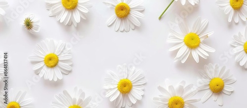 Chamomile and Petal Spring or Summer Background with Copy Space, White Flower with Yellow Center, Top View, Flat Lay.