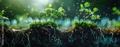 Close-up of young plants sprouting from soil, showcasing intricate root systems, lush greenery, and vibrant growth in a natural, illuminated setting. photo