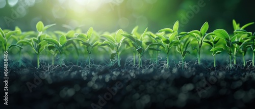 Close-up of young seedlings sprouting from soil in a row, symbolizing growth, nature, and new beginnings. Sunlight in the background. photo