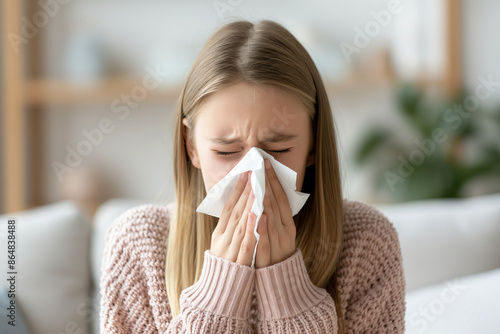 A young girl with long blonde hair sneezes into a tissue while sitting in a cozy home environment, showing a moment of discomfort due to a sneeze.