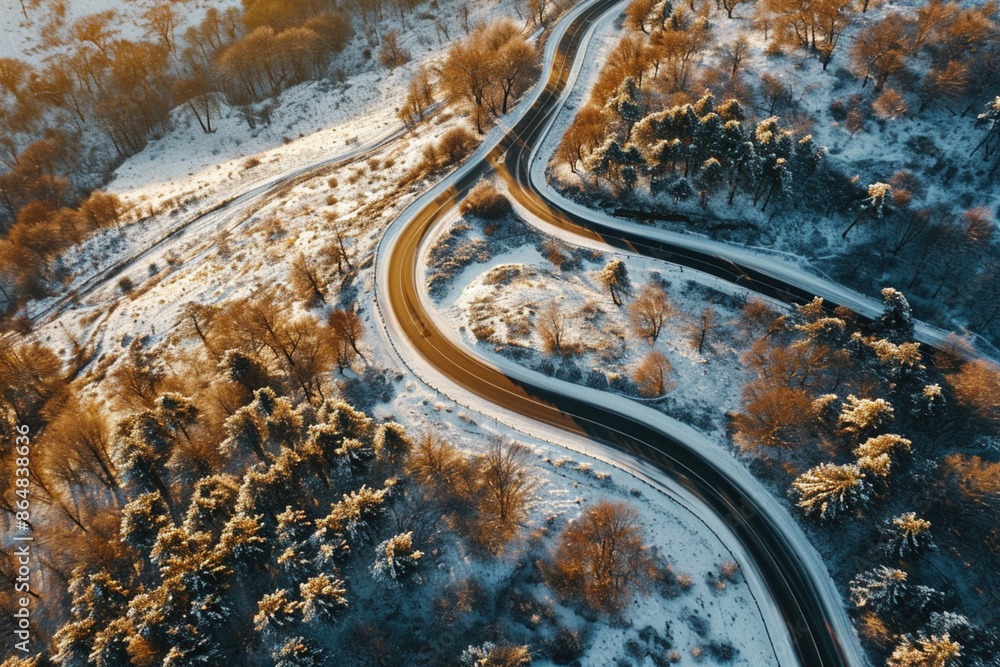 Fototapeta premium Drone shoot above colorful green texture in nature. Winter in forest aerial top view. Winding road and nature in trees. Soft light in countryside woodland or park.
