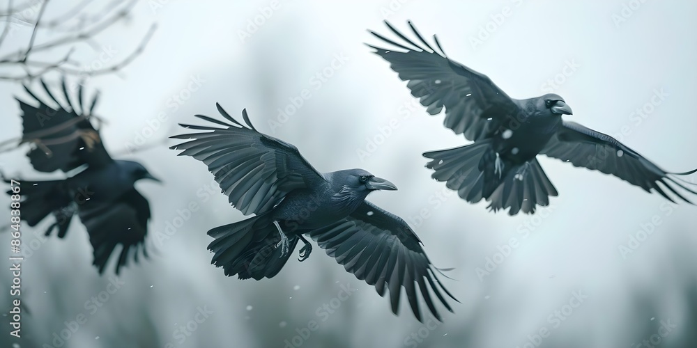 Obraz premium Capturing Crows Flying in High Resolution with Loud Calls. Concept Crows, High Resolution, Flying, Calls, Wildlife