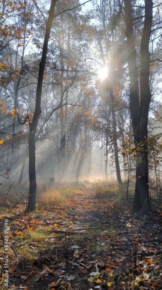 Fototapeta premium Fog in the autumn forest: Under the early morning sunshine, the autumn forest is filled with thin fog, and the trees and the ground are covered with a light layer of white fog. Descriptors: Autumn for