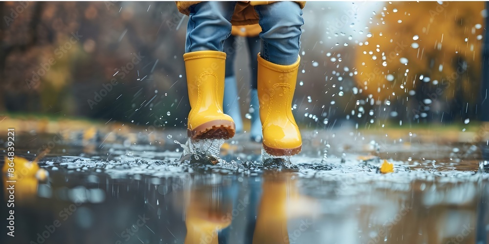 Fototapeta premium Joyful Children Playing in Puddles on a Rainy Day. Concept Puddle Jumping, Rainy Day Fun, Kids Activities, Outdoor Play, Wet Weather Activities