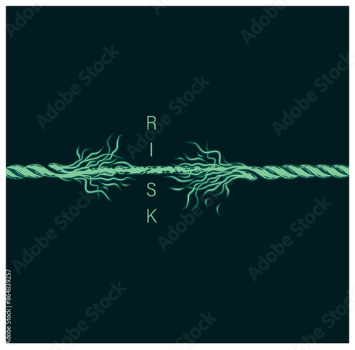 Broken risk rope. Risk analysis, Defination, Types process steps. frayed rope about to break concept for stress, problem, fragility or precarious business situation