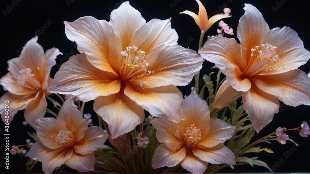 Delicate Peach Flowers on Black Background. Delicate Peach Flowers on Black Background.