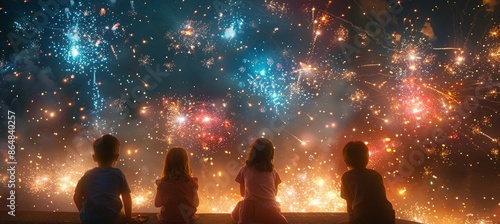 Kids in utter amazement as they gaze at fireworks, illuminated by the vibrant bursts in the sky, captured in UHD 4K with sharp focus photo