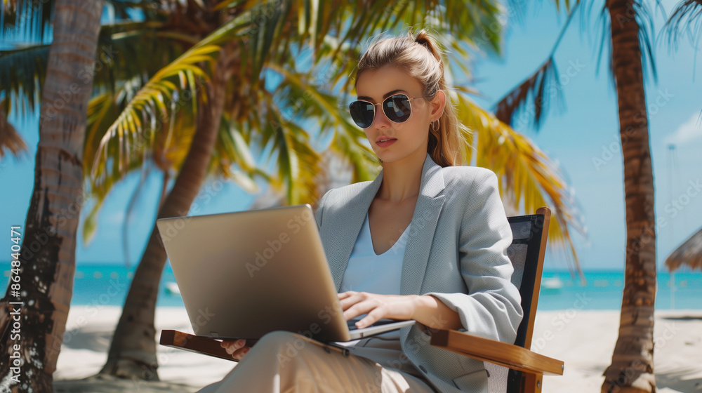 Beautiful business woman in sunglasses and suit working on laptop while sitting at a beach chair under palm trees, vacation concept. Beautiful business woman in sunglasses and suit working on laptop while sitting at a beach chair under palm trees, vacation concept.