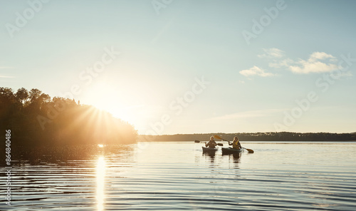 Canvas Print Couple, kayak and ocean with paddle in sunset for travel, hobby or outdoor holiday in water, lake or nature