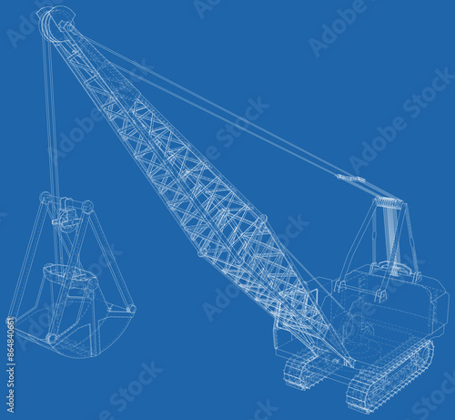 Dragline excavator. Construction equipment isolated vector. Heavy equipment vehicle.