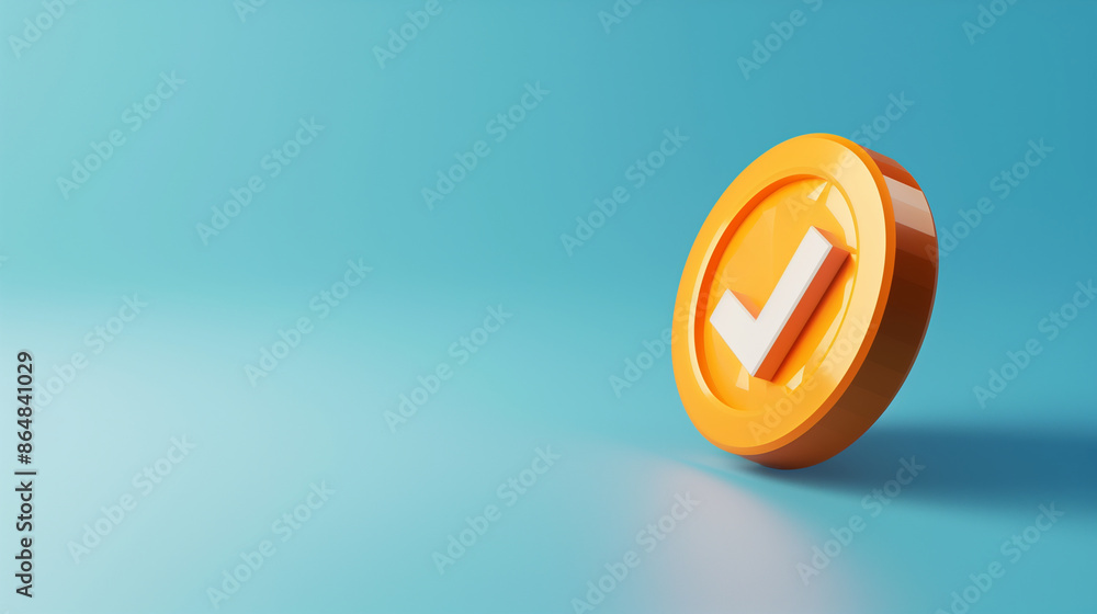 3d isometric icon , Orange coin with check mark on blue background, light colors, 3d isometric icon , Orange coin with check mark on blue background, light colors,