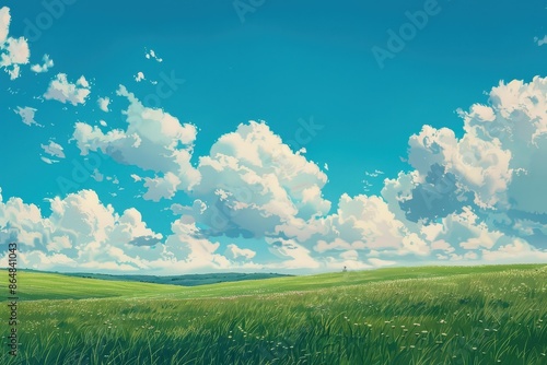 Vast, Green Field Under a Bright Blue Sky with White Puffy Clouds. Beautiful Summer Landscape, Perfect for Background or Wallpaper.