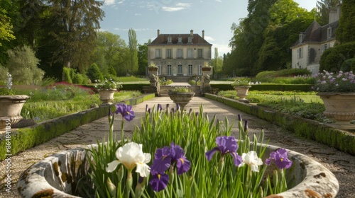 A view down a manicured stone pathway leading to a manor house, with vibrant iris flowers blooming in stone planters along the edge of the path. photo