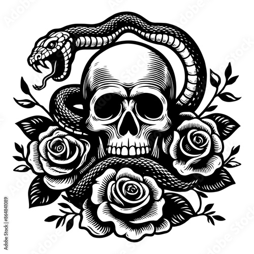  Simple Vector Illustration Skull and snake and flowers Tatoo style